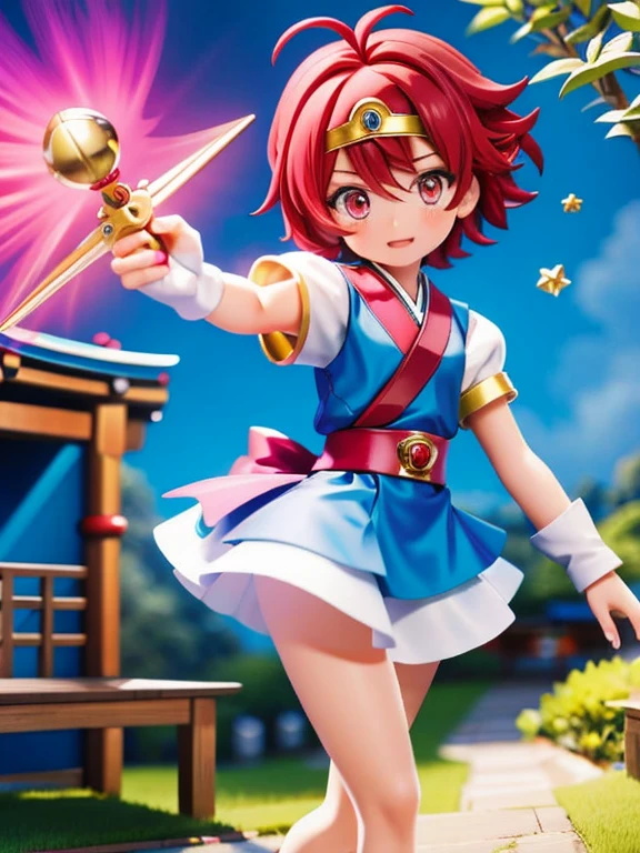 Magical giel、、Young girl、、height: 130cm、Short Hair、Shortcuts、boyish、Circlet、Character portrait、spats、hot pants、Magical Girl Costume、Red clothes、Red Hair、Red eyes、Magic wand、Fighting gloves on hands、Japanese style