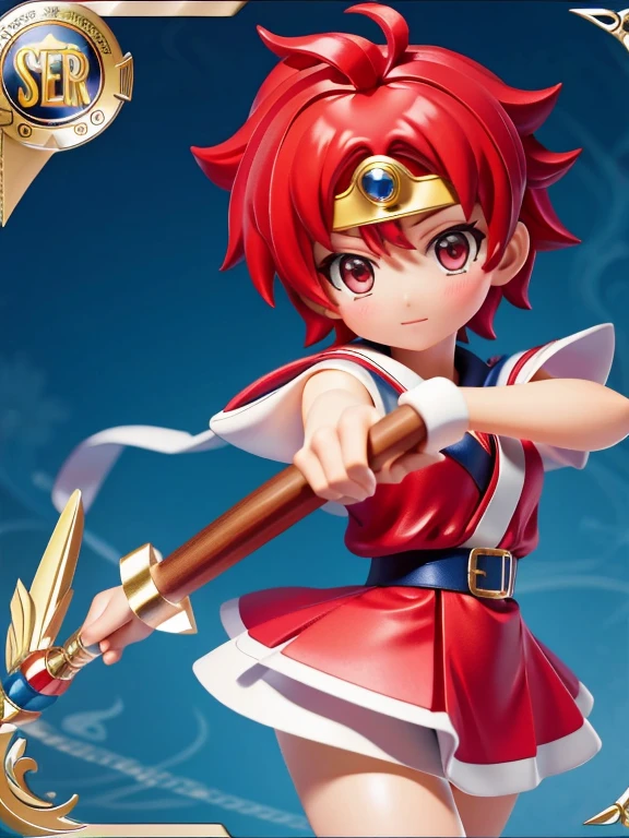 Magical giel、Primary school students、Young girl、、height: 130cm、Short Hair、Shortcuts、boyish、Circlet、Character portrait、spats、hot pants、Magical Girl Costume、Red clothes、Red Hair、Red eyes、Magic wand、Fighting gloves on hands、Japanese style