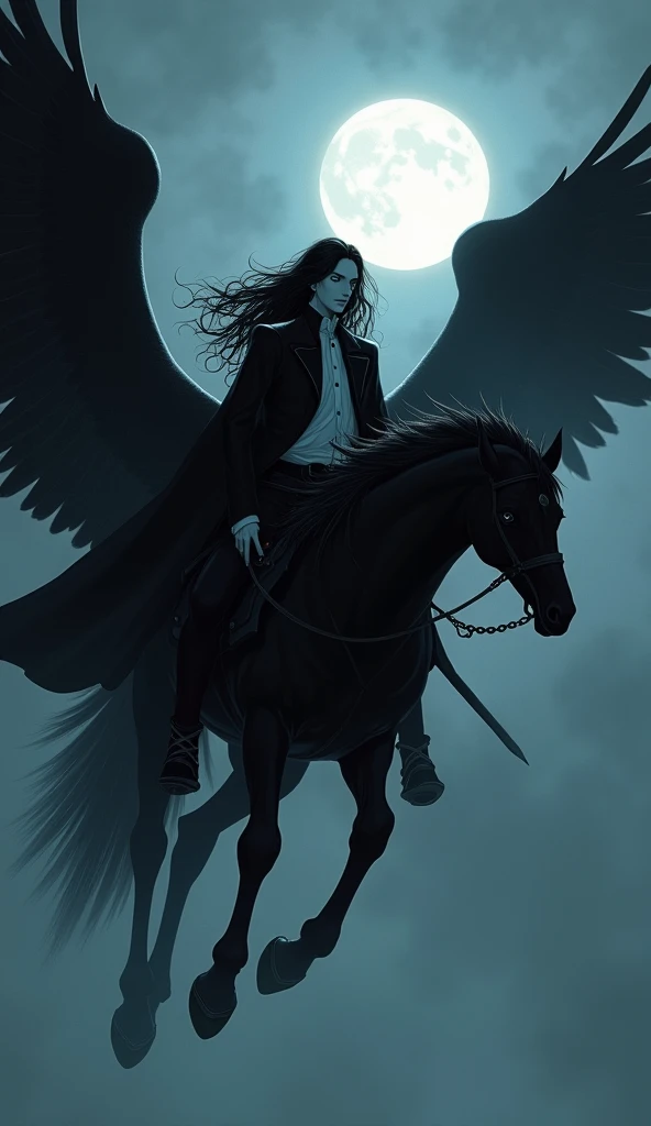 A full-body illustration of "Vampire Hunter D" by Yoshitaka Amano. Dressed in a distinctive black costume, D flies through the sky on a very large black bird under a foggy moonlit night. Her long black hair flows freely, framing her pale, perfectly shaped face. D's aristocratic white shirt contrasts sharply with the darkness of his coat, which flutters slightly in the cool night air. His keen eyes are always alert to his surroundings, one hand holds the reins, the other near the hilt of a long, thin sword. The birds move gracefully, like ghosts, flying gracefully through the sky. The atmosphere is full of mystery as D exudes an aura of quiet strength and determination.

