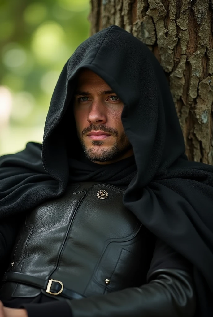 A handsome and sturdy prince wearing a black cloak covering his head. Resting under a tree.