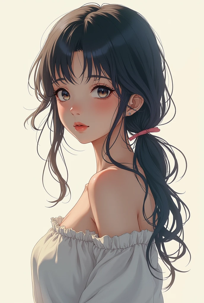 (anime),(cute)(masterpiece), (best quality),1girls,upper body,(double exposure:1.2),(simple background:1), (cinematic angle),(dynamic angle),messy long hair,(low contrast),(flat color:0.7) big breast.