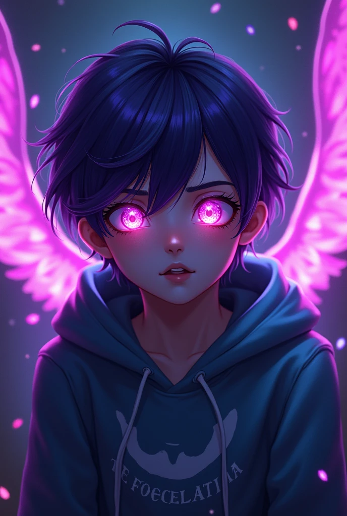  boy angel, glowing eyes, biology, weird, crawl, nightmarish, Very bright colors, light particles, Glowing light, Mshiv, wallpaper art, Ultra HD Wallpaper, purple hair, front