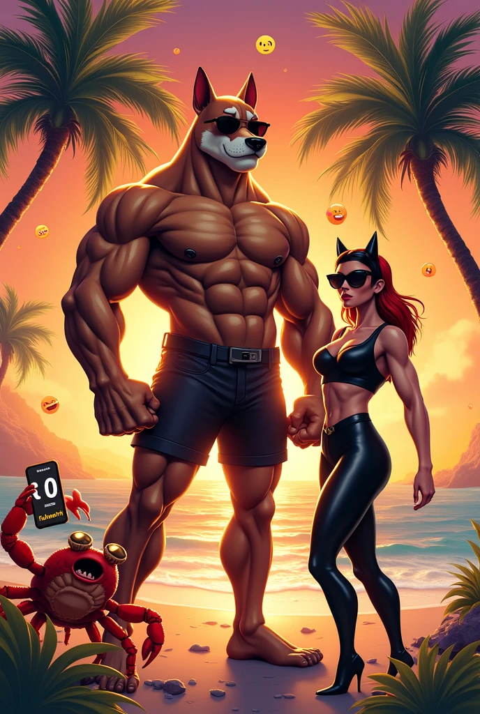 Create an epic and hilarious meme with a muscular anthropomorphic dog (muscular dog) with an exaggerated bodybuilder physique, flexing his muscles and wearing comically small sunglasses. He stands confidently on a tropical beach, Striking a heroic pose. Beside him, position a surprised and slightly envious influencer in the Catwoman style, her eyes wide and jaw dropped, wearing a cat ears headband and holding a selfie stick with a phone displaying "0 followers." The background should show a vibrant sunset over the ocean, with palm trees bending impossibly to frame the characters. Add floating emojis (💪😺🏖️) around them for a social media sensation. Em primeiro plano, put a little crab wearing big sunglasses, giving a thumbs up to muscular dog. Stylize your scene with a mix of hyper-realistic rendering and comic book art, with bold contours and exaggerated features. Use a wide angle lens (24mm) to capture the entire scene, emphasizing the characters&#39; expressions and the comic contrast between them. Apply a slight tilt-shift effect to focus on characters, keeping the background slightly blurred. Enhance lighting to create a golden hour glow, highlighting muscular dog's muscles and Catwoman's shiny costume. The caption should be read: "When Your Gym Routine Finally Pays Off... but their social media game is still catching up! 😂💪📱" Add a call to action: "Drop a 💪 if you're team muscular dog or a 😺 if you're team Catwoman! Who&#39;s winning the summer??"       