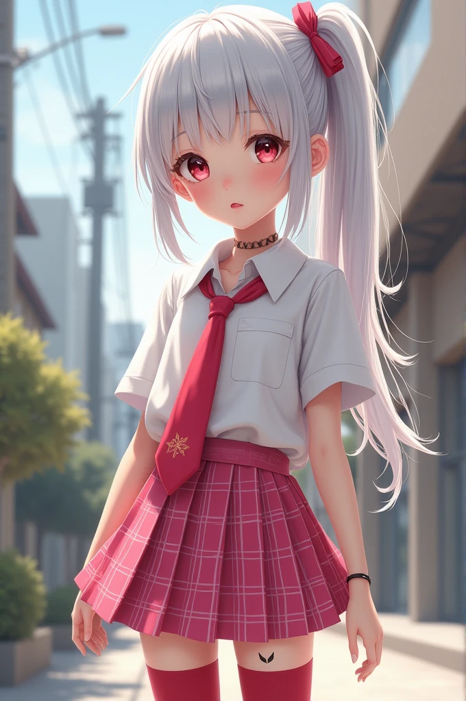 very fine 8kcg wallpaper,white hair,best masterpiece,masterpiece,((((5 years old)))),(petite),cute,kawaii,baby face,cute eyes,bracelet,(side pony tail),long hair,realistic detailed hair,heartily laugh,outdoor,((((tatoo)))),(flat chest),(skinny legs),(slim thin),((slim thighs)),
break,
(school uniform,open collared blouse,white blouse,white,short sleeves,plaids mini skirt,hot pink skirt,beautiful detailed tie,red tie),red thigh high socks,garter belt,garter straps,