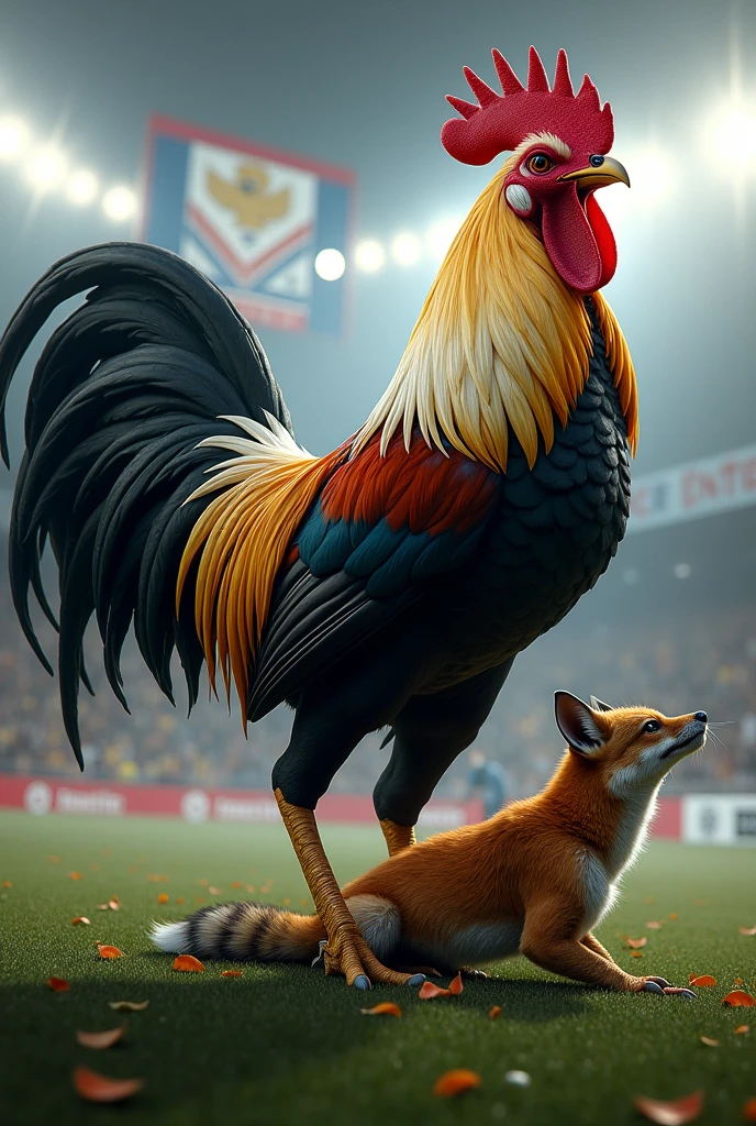 A very large and strong muscular black, white and gold feathered ROOSTER beating an injured and crying fox inside a football stadium with the Atlético Mineiro symbol in the background 