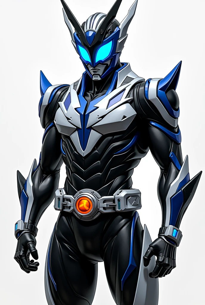 heroic design

Overall Silhouette: The body type is muscular yet slim, typical of Kamen Rider designs. The design emphasizes mobility while conveying a sense of strength, with flowing lines that highlight the body’s movement, balancing agility and power.

Main Colors: The primary colors are black, white, and blue, which are cleverly arranged. Black serves as the base color, with white and blue as accents. These colors follow the body’s contours, with blue lines particularly on the chest, arms, and legs, and white details on the helmet and belt.

Helmet: The helmet is the iconic part of the Kamen Rider look, complex yet instilling a sense of heroic dignity. It features a black base with sharp blue compound eyes. The head has white lines flowing down the center, incorporating futuristic mechanical elements throughout the design.

Armor: Armor pieces cover the chest, shoulders, arms, and legs. The chest armor features a signature "V" shape, characteristic of Kamen Rider, with blue and white lines radiating outward. The armor's surface has intricate mechanical patterns, yet it remains smooth overall, exuding strength.

Umanize Driver:

Design: The Umanize Driver stands out as a unique transformation belt in the Kamen Rider series. It features a purple and white color palette, with a large circular slot in the center where the Golbo is inserted. The belt itself is black with purple and white mechanical details running along it, lighting up when worn.

Golbo: The circular transformation item, "Golbo," plays a key role in Kamen Rider transformations. It has a glossy black and purple finish, with a glowing blue center. When set into the Umanize Driver, the entire belt illuminates, initiating the transformation into Kamen Naizer Uma.

Additional Elements:
Finishing Move: The Umanize Driver's finishing move is executed by setting the Golbo into the belt, charging energy, and then releasing it. Blue energy envelops the entire body, concentrating into the fists or feet to deliv