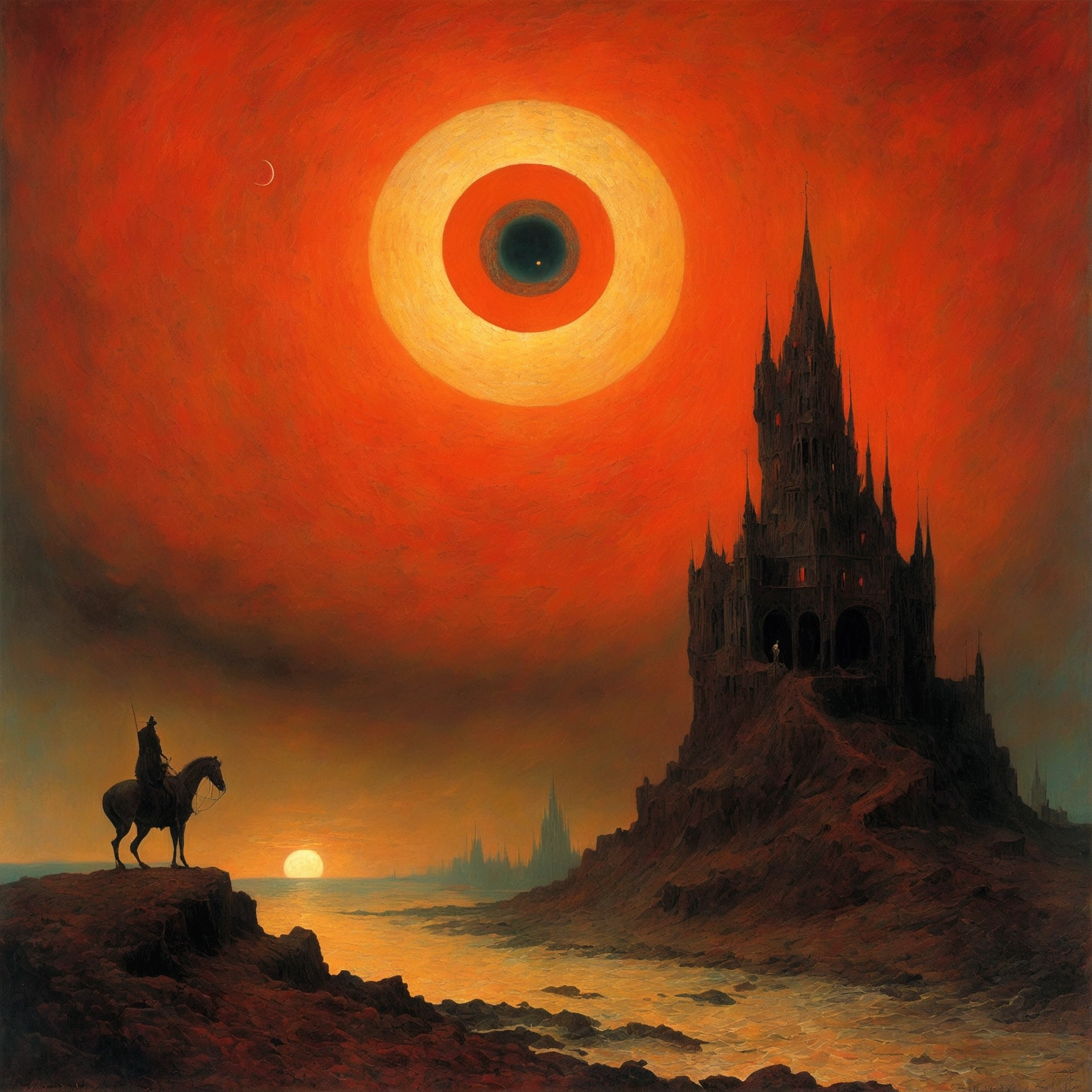 Mythical creatures, author：Zdzislaw Beksiński e Vincent van Gogh, Red moon and big eyeucha