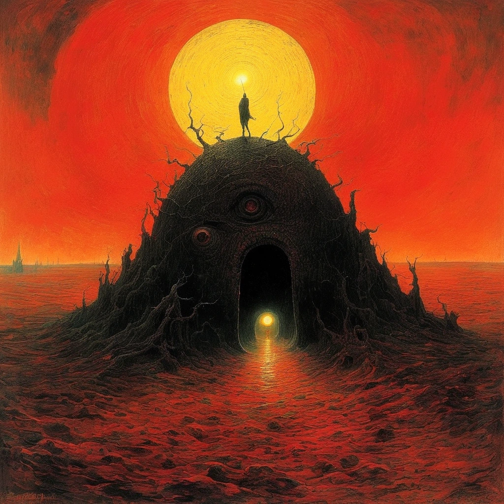 Mythical creatures, author：Zdzislaw Beksiński e Vincent van Gogh, Red moon and big eyeucha