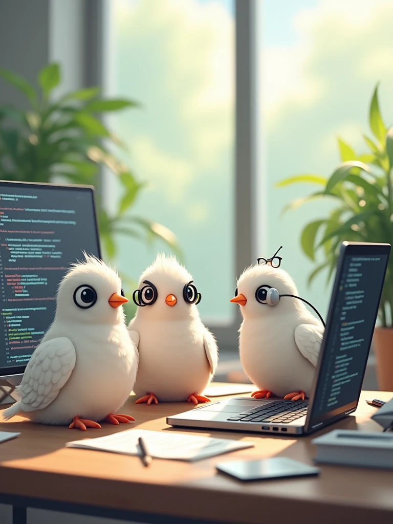 Three doves, with subtle anthropomorphic features, are working as web developers. The doves are perched around a modern desk with small laptops open, showing lines of code on the screens. One dove is wearing glasses, another has a tiny headset, and the third is holding a small pencil. The setting includes coding notes scattered around and a soft, professional background, giving the scene a light-hearted and creative feel. The environment should blend natural elements with a modern workspace.