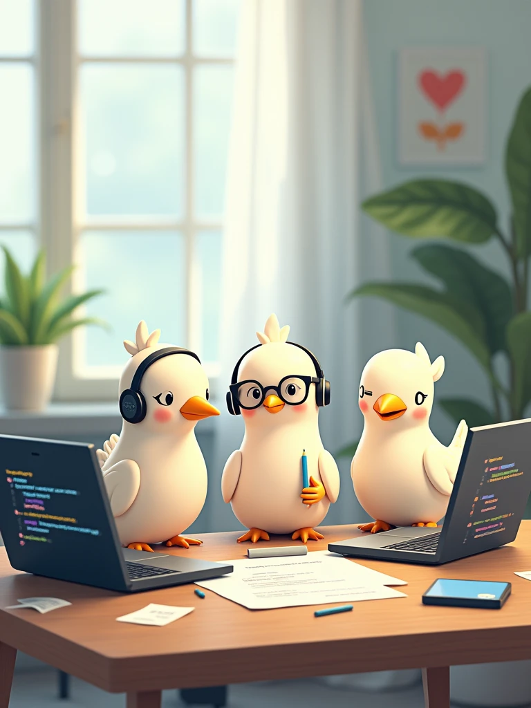 Three doves, with subtle anthropomorphic features, are working as web developers. The doves are perched around a modern desk with small laptops open, showing lines of code on the screens. One dove is wearing glasses, another has a tiny headset, and the third is holding a small pencil. The setting includes coding notes scattered around and a soft, professional background, giving the scene a light-hearted and creative feel. The environment should blend natural elements with a modern workspace.