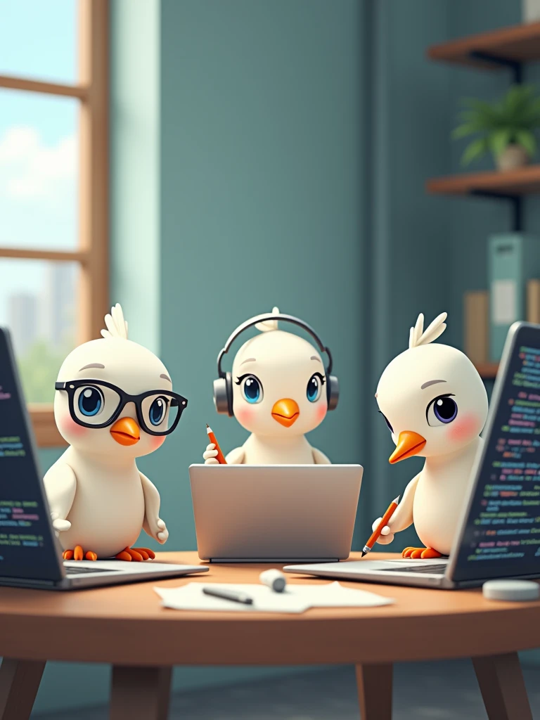Three doves, with subtle anthropomorphic features, are working as web developers. The doves are perched around a modern desk with small laptops open, showing lines of code on the screens. One dove is wearing glasses, another has a tiny headset, and the third is holding a small pencil. The setting includes coding notes scattered around and a soft, professional background, giving the scene a light-hearted and creative feel. The environment should blend natural elements with a modern workspace.