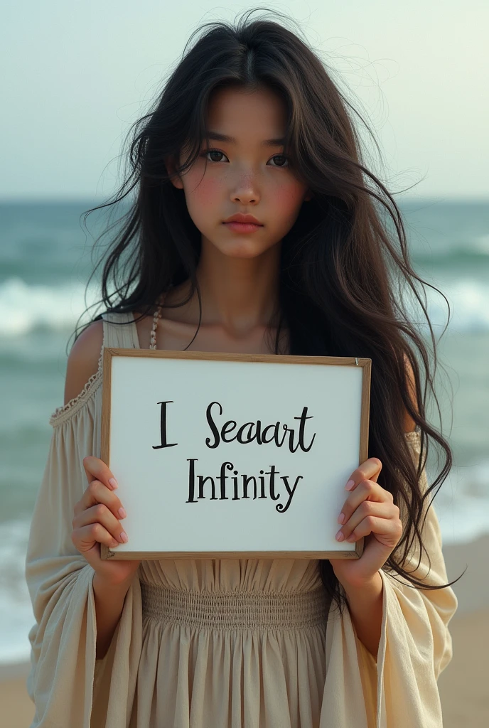 Beautiful girl with wavy long hair, bohemian dress, holding a white board with text "I Love Seaart Infinity" and showing it to the viewer