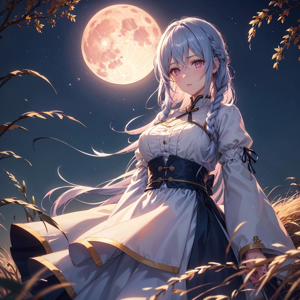 (Braiding),(Sky blue medium hair), (Pink eyes),(Fair skin)  ,(whole body),(One Girl),(harvest moon),(A large amount of Miscanthus sinensis in the background),autumn,(full moon),(masterpiece, Highest quality, Very detailed, Best Shadow), (Detailed Background), (Beautifully detailed face), High Contrast, (Best lighting, Very delicate and beautiful), ((Cinematic Light)), Hyper Detail,8k, Dramatic Light, Intricate details