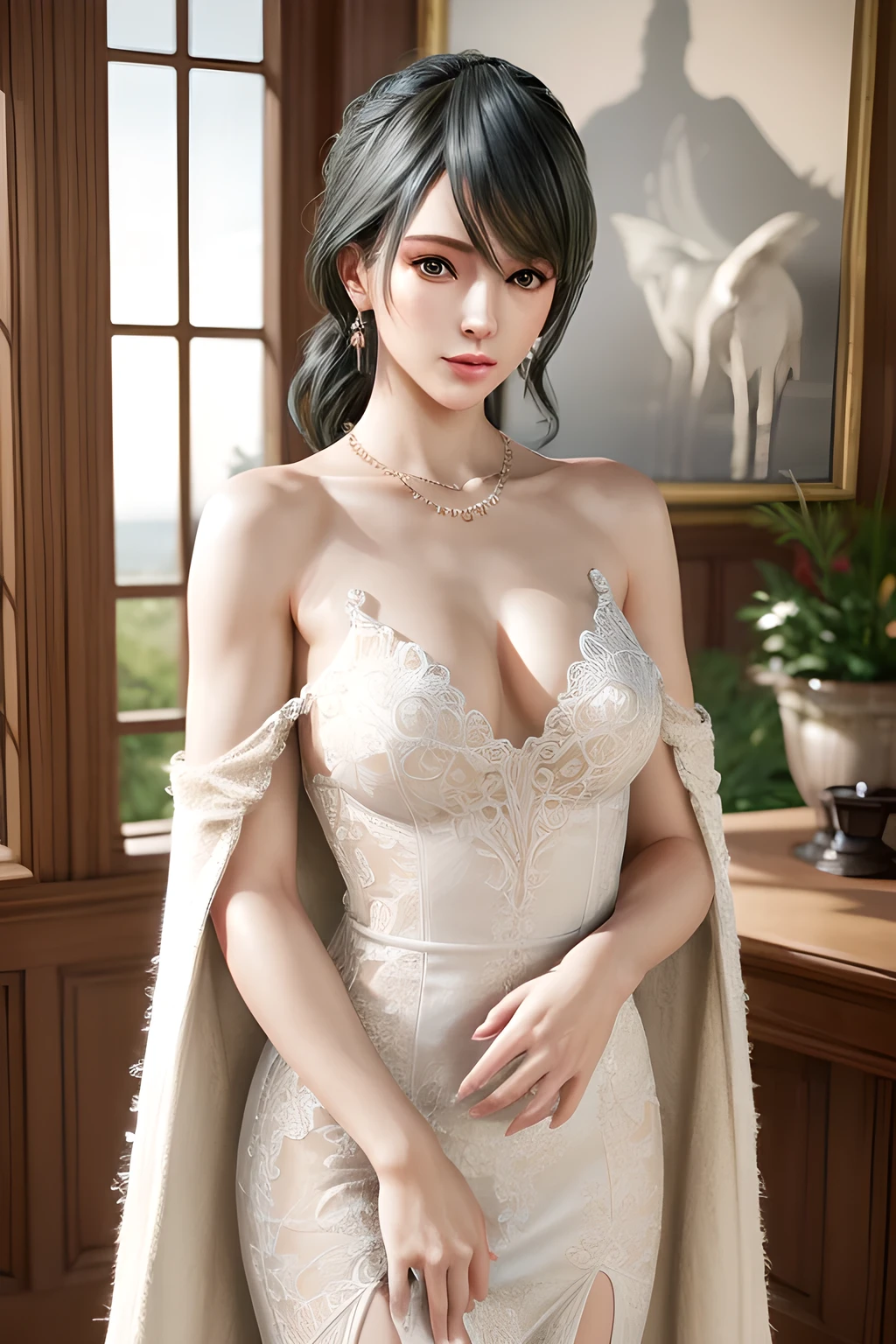 A lady with extraordinary temperament, she stands in a modern indoor space, as if she is a model from a fashion magazine. She is wearing a (pure white long fur cape), the softness and luster of which makes her look more noble under the light, and complements her (beige dress) underneath, showing her gentle temperament while maintaining a sense of fashion. The style of the dress is simple and generous, a perfect match, and it lengthens her figure, making her tall and charming. The lady's makeup is delicate and elegant, which just highlights her facial features and makes people unforgettable at first sight. Although the earrings and necklace she wears are not ostentatious, they add a bit of sophistication and nobility to her overall look. Her hair is casually draped over her shoulders, and every strand of hair exudes a natural luster,, (best quality,8k,highres,masterpiece:1.2),ultra-detailed,(realistic,photorealistic,photo-realistic:1.37),studio lighting,ultra-fine painting,sharp focus,physically-based rendering,extreme detail description,professional,vivid colors