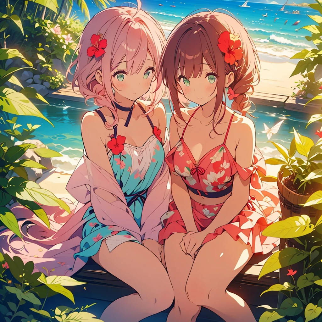 hibiscus、A woman with long light pink hair and a swimsuit is sitting and sleeping、A girl with long dark brown hair and green eyes gives a present、Beach、celebration、Butterflies fluttering、hibiscusの花びらが舞う、Daytime、Sea background、Detailed facial expressions、smile、whole body