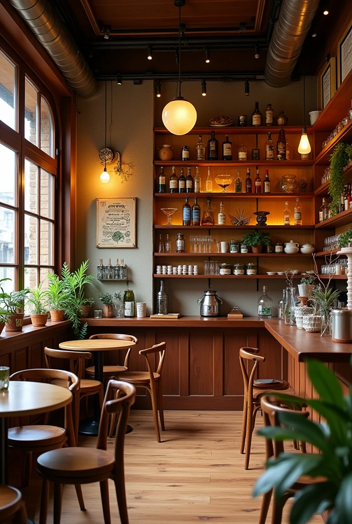 The whole interior of Ghibli style cozy, vintage, jazzy, brown theme cafe