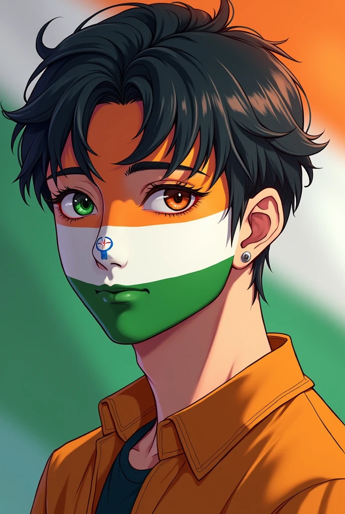 22 year handsome stylish anime boy which face is coloured by Indian flag tricolour 