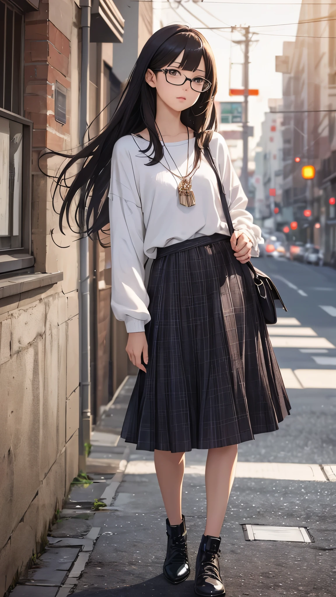 (highest quality,4K,8K,High resolution,table top:1.2), super detailed, (realistic,photorealistic,photo-realistic:1.37),((full body)), Unfortunate,Glasses,((black hair)), ((long hair)),tight-design-sweater,maxi-length-long-skirt,necklace,shoes,beautiful and fine eyes, beautiful detailed lips, highly detailed eyes and face, long eyelashes, realistic anime 3D style, Smooth anime CG art, Digital rendering by Makoto Shinkai, Moe anime art style, photorealistic rendering of an anime girl, Shinkai Makoto style, Cute anime girl visuals, realistic young anime girl, girl fan art, Created by Anime Artist'studio of.