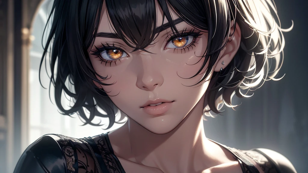 a short-haired woman with black hair on the outside and white hair on the inside, golden eyes, beautiful detailed eyes, beautiful detailed lips, extremely detailed eyes and face, long eyelashes, (best quality,4k,8k,highres,masterpiece:1.2),ultra-detailed,(realistic,photorealistic,photo-realistic:1.37),portrait,chiaroscuro lighting,dramatic shadows,cinematic,dark and moody,high contrast,vibrant colors