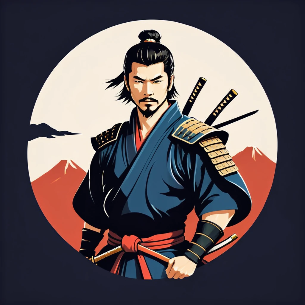 male samurai in folk outfit, vector graphics, strong contours, logo design