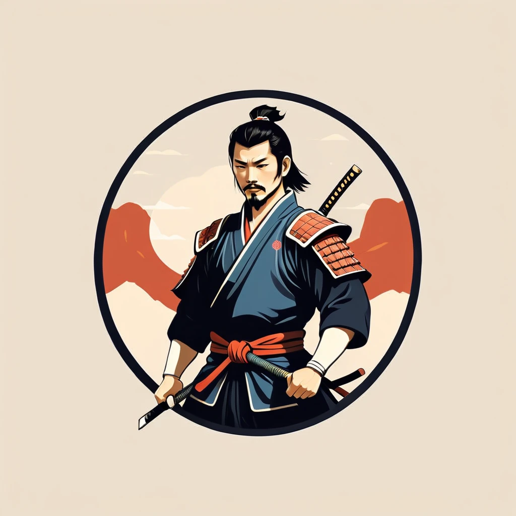 male samurai in folk outfit, vector graphics, strong contours, logo design
