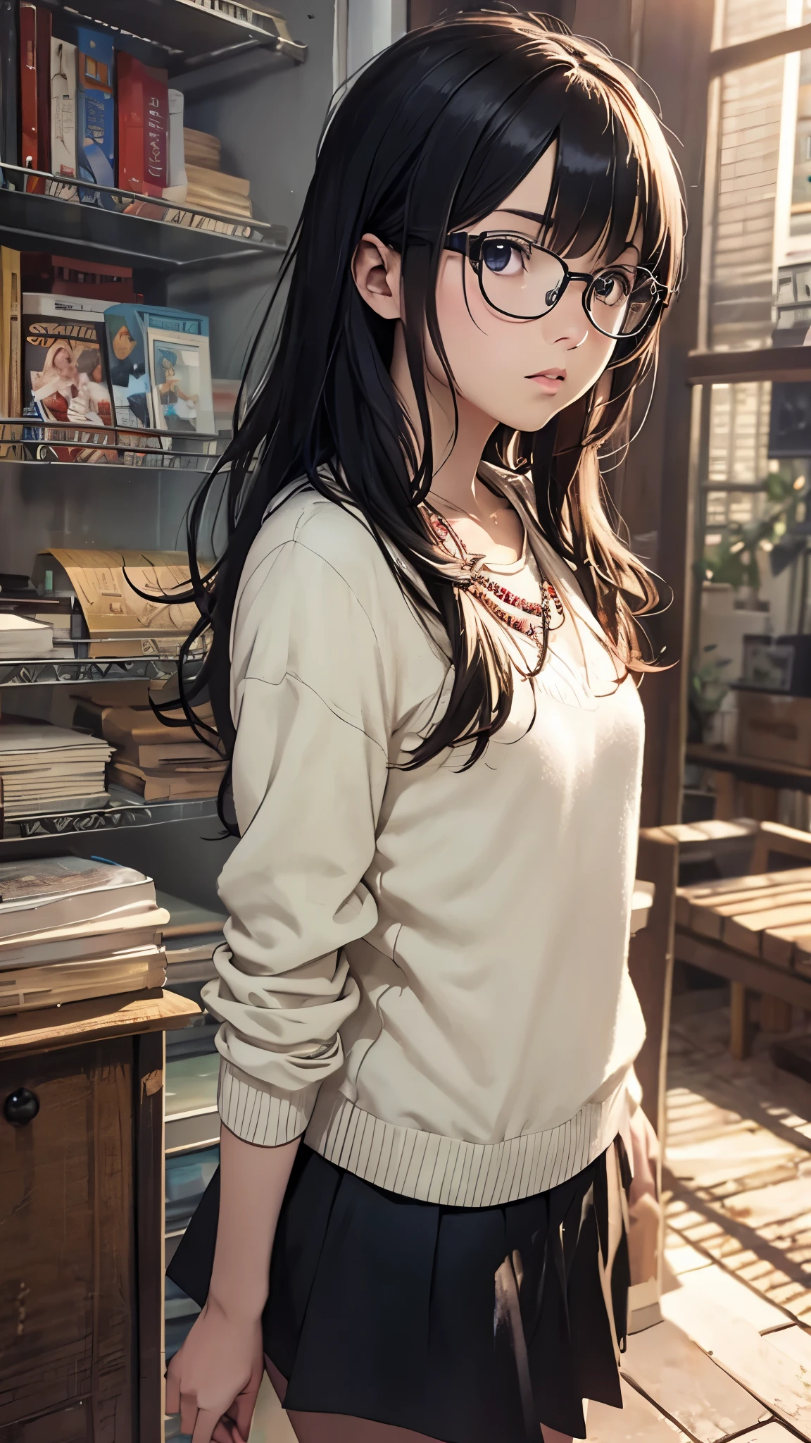 (highest quality,4K,8K,High resolution,table top:1.2), super detailed, (realistic,photorealistic,photo-realistic:1.37),((full body)), Unfortunate,Glasses,((black hair)), ((long hair)),tight-design-sweater,maxi-length-long-skirt,necklace,shoes,beautiful and fine eyes, beautiful detailed lips, highly detailed eyes and face, long eyelashes, realistic anime 3D style, Smooth anime CG art, Digital rendering by Makoto Shinkai, Moe anime art style, photorealistic rendering of an anime girl, Shinkai Makoto style, Cute anime girl visuals, realistic young anime girl, girl fan art, Created by Anime Artist'studio of.