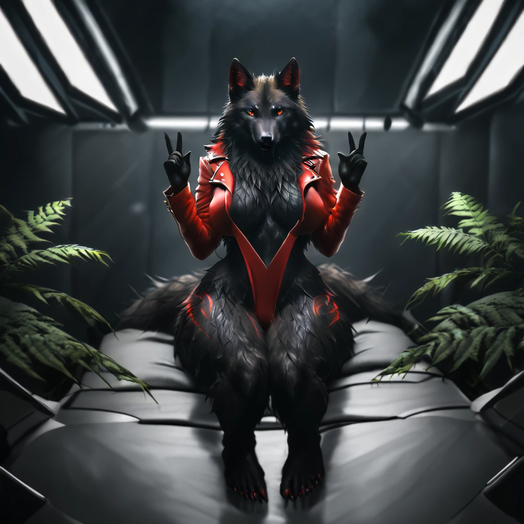 (full shot, on back view, serca view), ara ara meme, tall, voluptuous, athletic female, wolf, black fur, totally dark fur, white tribal markings on thighs, red inner ear, red leotard jacket, long sleeves, bubble ass, back, feet, 5 toes, sharp toenails, toe claws, red claws, plantigrade, sexy eyes, wide hips, curvy figure, curvaceous, wedgie, bearing hips, smooth fur, long fur face, sexy legs, thick thighs, bearing hips, long wolf tail, fluffy tail, wide and long snut, red inner ear, long wolf's mane, red eyes, black bottom lips, black clera, black leaves, bed, kneeling, hand on thighs, feet together, foot focus, looking at the viewer, Mocking Look, happy face, in a space ship, naked