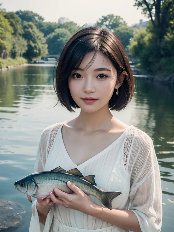 ((8k, Highest quality, masterpiece, Ultra-high resolution, Photorealistic:1.5)),Rembrandt Lighting, (photoRealistic:1.2), (Highest quality), (Detailed skin:1.3), (Intricate details), Ray Tracing,Highest quality,Very detailedな,masterpiece,Realistic,Rich details,Photographic realism, One Girl, Age 22, Very detailed, In detail, Beautiful young woman, Alone on the riverbank,,Photographic realism,Very detailedな環境, Black Hair, Short Bob Cut, Very detailed skin, Very detailed clothing, Famous Japanese Idols, 、Alone on the riverbank,Holding a fish in both hands,Detailed fish,With fish,I'm looking at the camera with a smile on my face,Facing forward,Cut from chest up,Natural light