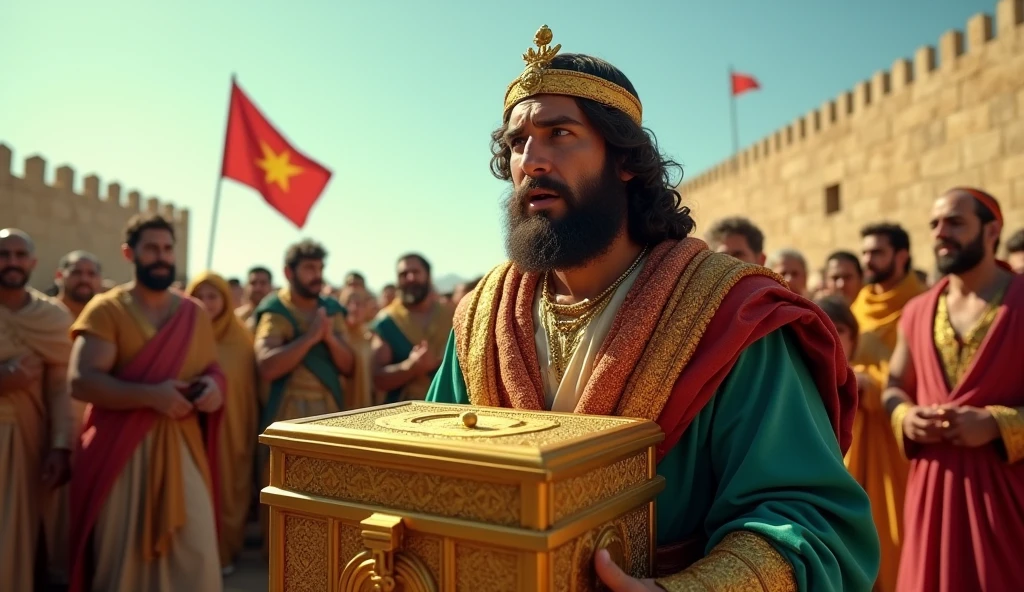 Create a realistic cinematic scene that depicts King David in a solemn and majestic moment as he brings the Ark of the Covenant into the city of Jerusalem. His face, a box of 1,25 m long by 0,75 m high and wide, must be presented with intricate details, including its golden surface and the two rods also covered in gold, that are fitted on the sides. David must be dressed in royal robes, adorned and colorful, reflecting his status as king of Israel. 

Ao fundo, visualize a crowd of people, including men, women and children, who come together to witness this historic moment, some holding palms and others singing in celebration. The atmosphere should be vibrant and emotional, with flags waving and a clear blue sky in the background. The focus should be on the expression of reverence and joy on David&#39;s face., that holds the Ark firmly, as it advances towards the city, symbolizing the union between God and his people.