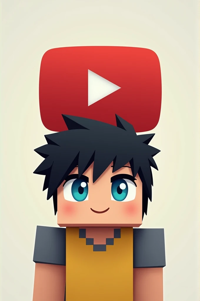 Create minecraft logo with black hair and gray and yello t-shirt into youtube logo have a carwon blue eye