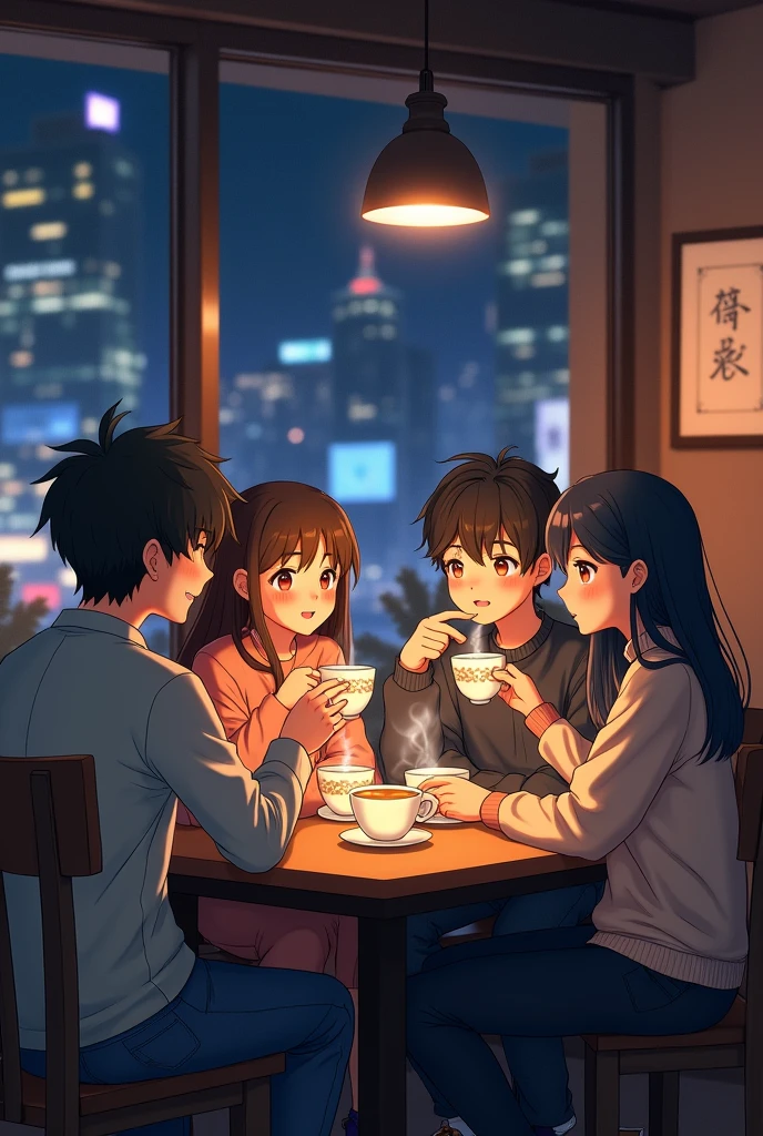 2 boy with 2 girl night in city with tea glass 