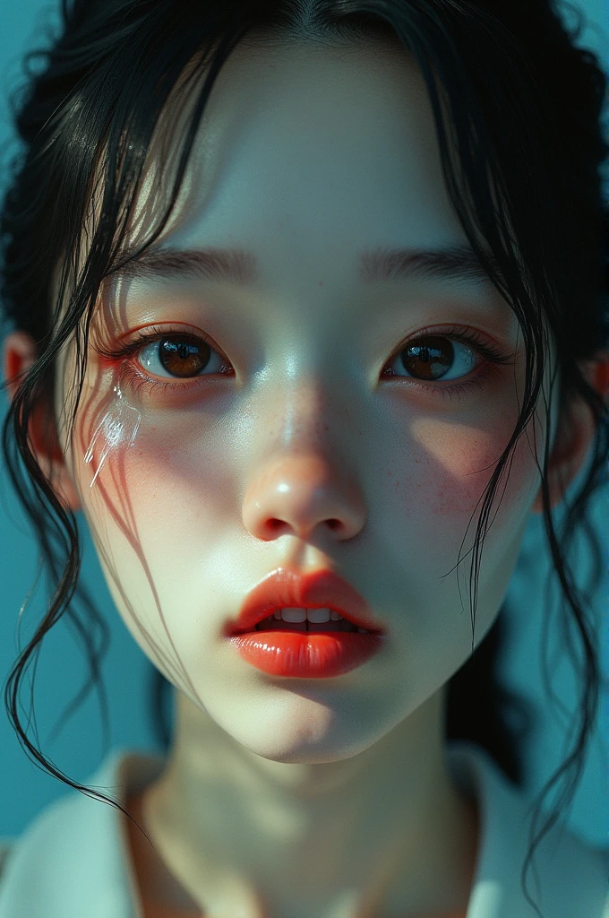 beautiful young japanese woman with cornrows, cute freckles, mole under left eye, drooling, decadent, transparent drool, trance, (best quality,4k,8k,highres,masterpiece:1.2),ultra-detailed,(realistic,photorealistic,photo-realistic:1.37),portrait,digital painting,dramatic lighting,vivid colors,cinematic