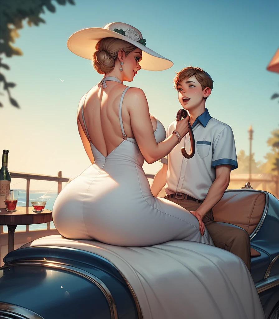 Mother sitting, son holding mother, white dress, from behind, (Focus on her hips), riding on a rod 