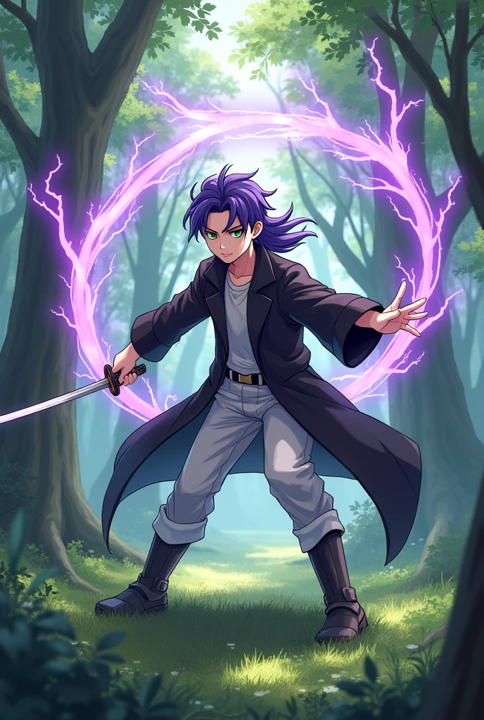 A Genshin impact character, that is average looking, purple hair, mullet haircut, green eyes, soft face but fierce, black overcoat with white pants and tshirt, about 187cm, in a scenery in the woods, where he showcases a three mana circle with purple lightning power on his back, and showcasing a sword technique at the same time, also has a katana, it is anime style