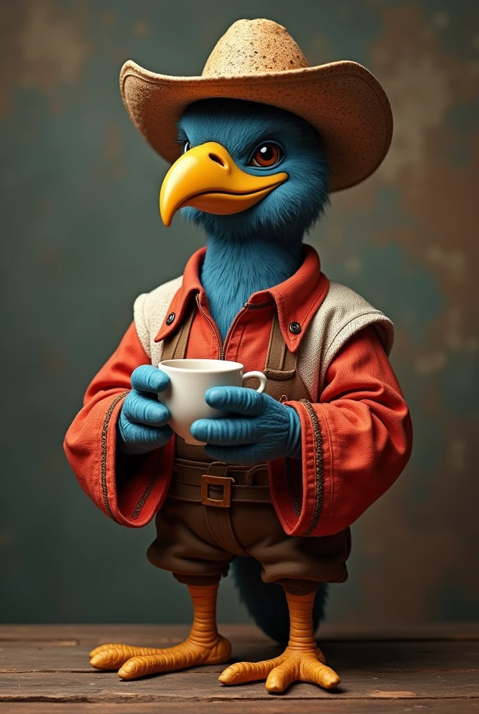 Please, make a picture of a baker (national bird of argentina) dressed in typical gaucho clothing drinking mate