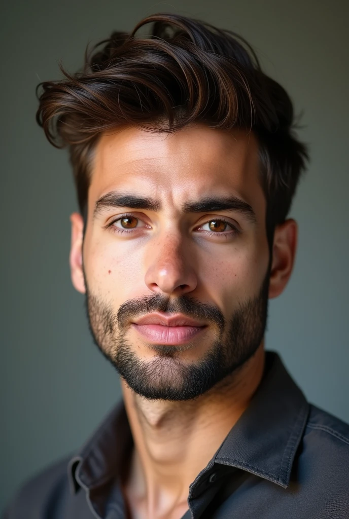 Mixed race man&#39;une vingtaine d&#39;years with short brown hair combed upwards, an oval face and brown eyes and a light mixed-race beard