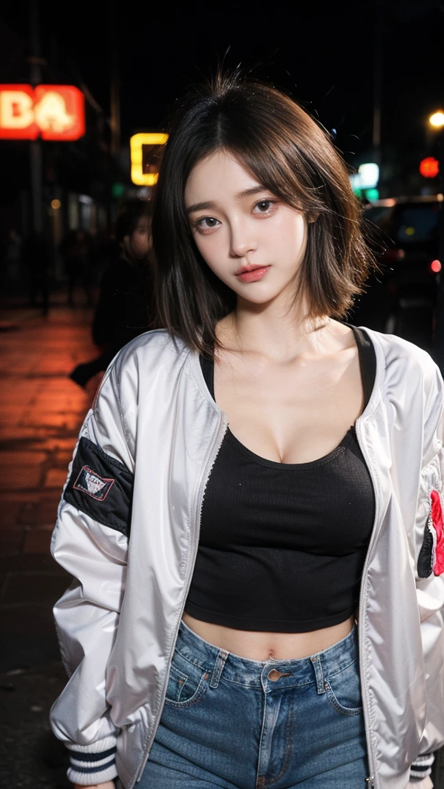masterpiece, best quality, ultra-realistic, cute young woman, Korean idol, heart-shaped face, large almond eyes, silky black hair, small rosy lips, playful smile, (natural big breast:1.1), (cleavage), (wearing a bomber jacket:1.3), graphic t-shirt, and distressed jeans, standing under neon lights, nighttime urban background, vibrant colors, soft shadows, 35mm lens, close-up shot, street style, edgy fashion, vibrant lighting effects