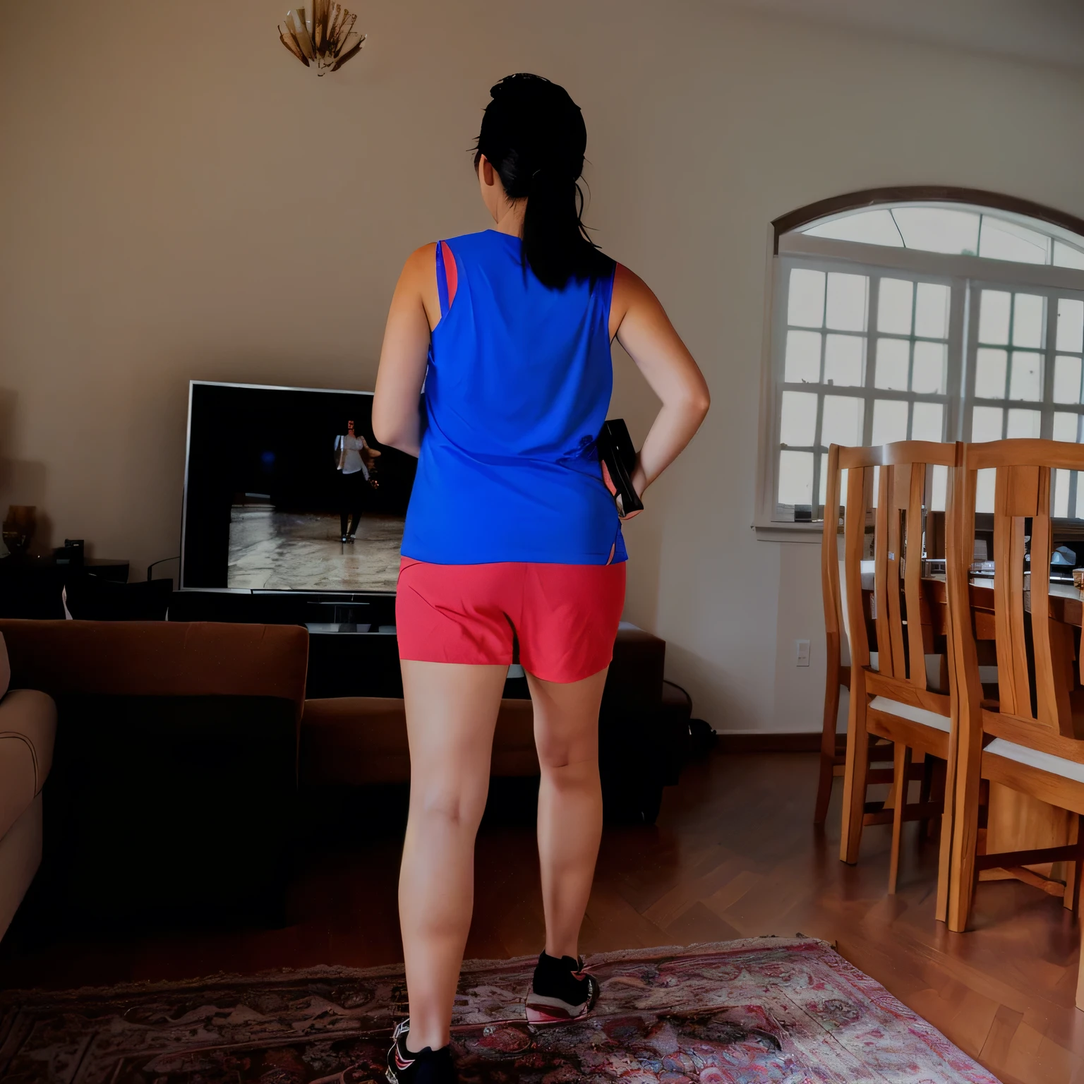 there is a woman standing in a living room with a remote control, rear-shot, long shot from the back, back - shot, long shot from back, medium shot taken from behind, shot from the back, view from the back, from the back, back shot, rear shot, back view!!, side view of her taking steps, seen from the back