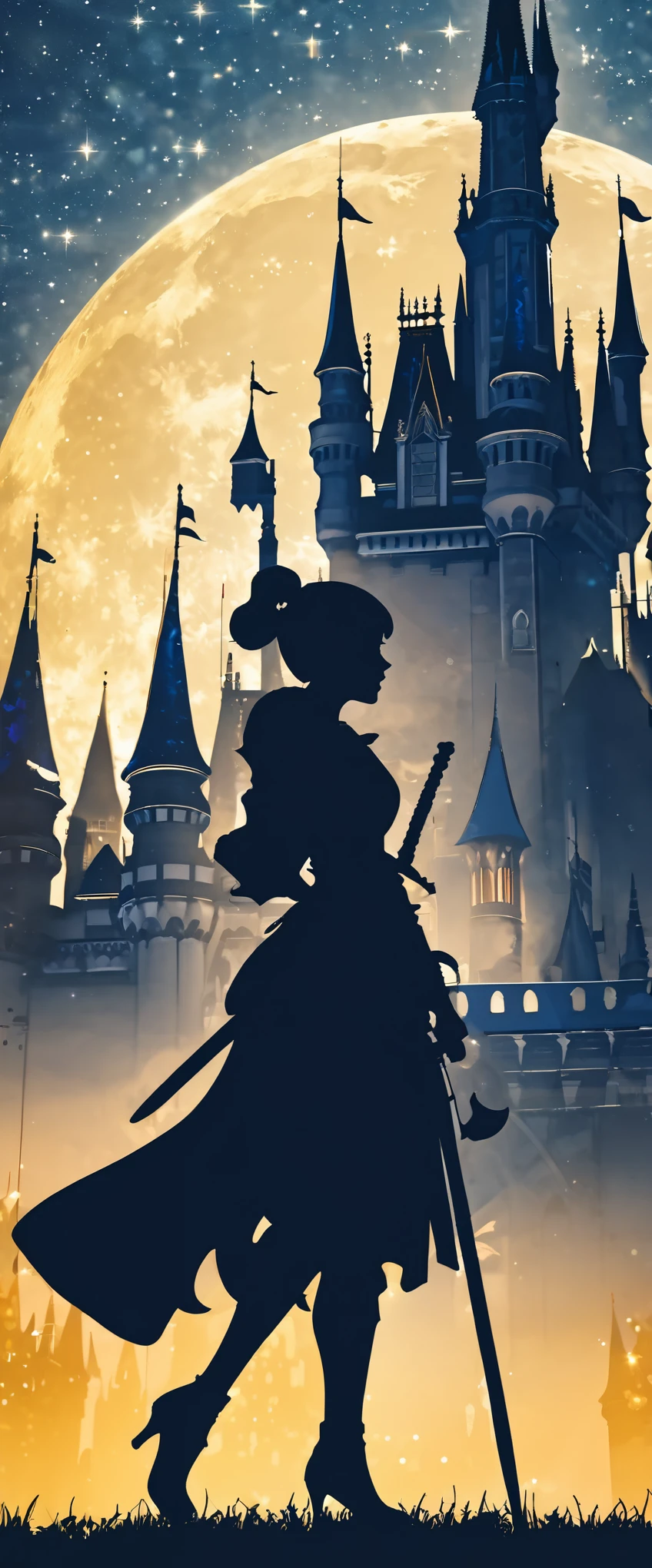 (8k, Highest quality, masterpiece),Double Exposure, silhouette, (, One Female Swordsman, ), Close-up, Moonlit Night, Cinderella Castle, Outdoor,