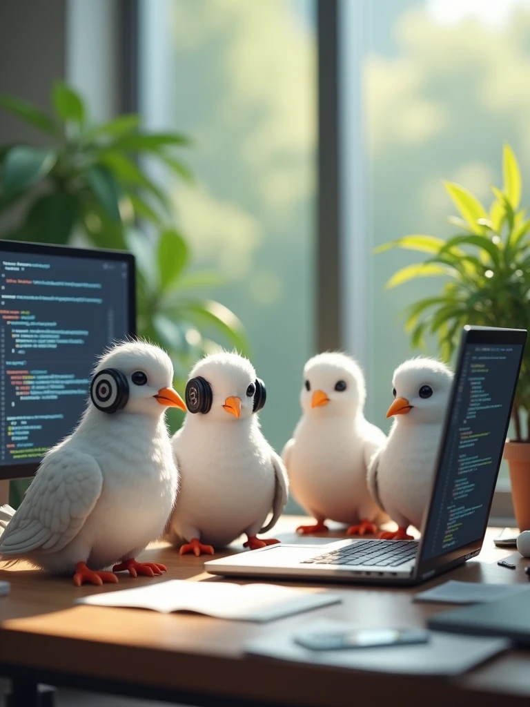 Four doves, with subtle anthropomorphic features, are working as web developers. The doves are perched around a modern desk with small laptops open, showing lines of code on the screens. One dove is wearing glasses, another has a tiny headset, and the third is holding a small pencil. The setting includes coding notes scattered around and a soft, professional background, giving the scene a light-hearted and creative feel. The environment should blend natural elements with a modern workspace.