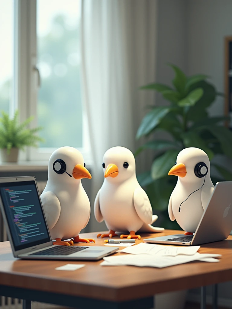 Four doves, with subtle anthropomorphic features, are working as web developers. The doves are perched around a modern desk with small laptops open, showing lines of code on the screens. One dove is wearing glasses, another has a tiny headset, and the third is holding a small pencil. The setting includes coding notes scattered around and a soft, professional background, giving the scene a light-hearted and creative feel. The environment should blend natural elements with a modern workspace.