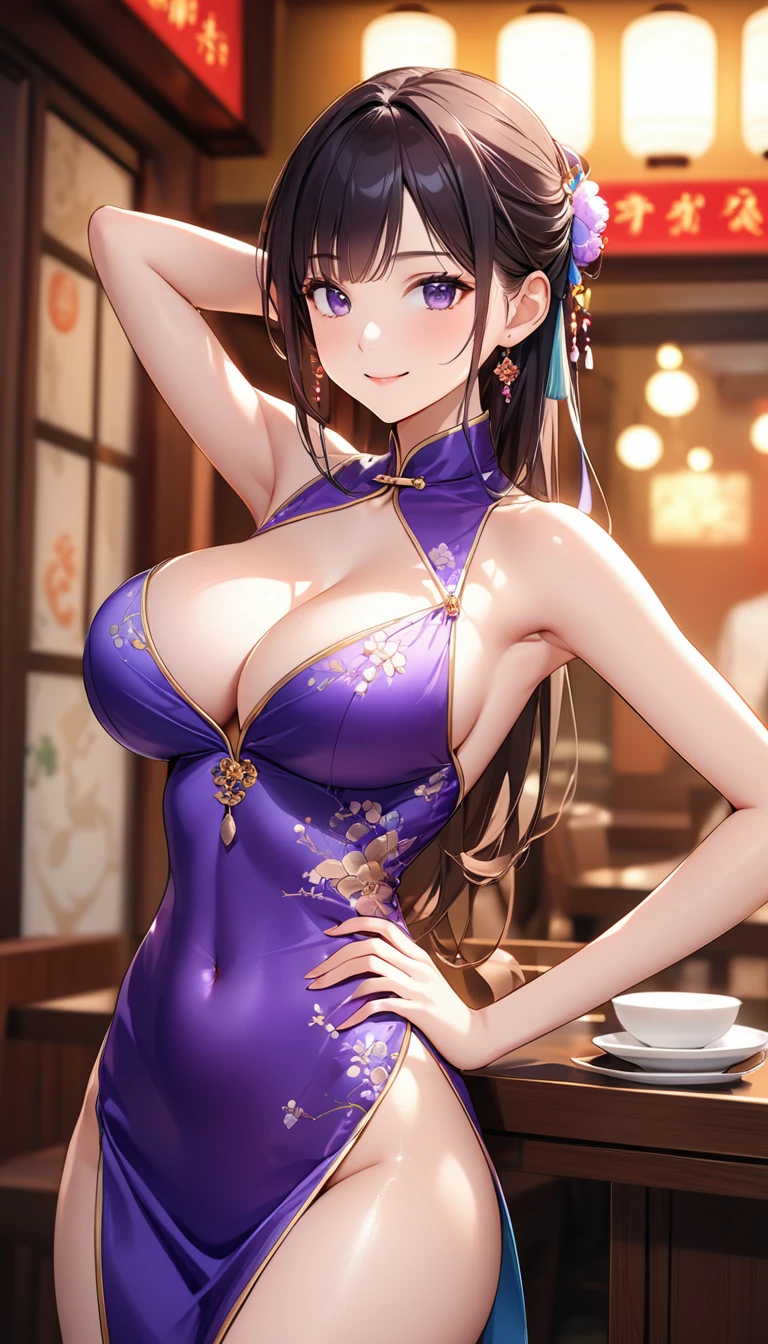 高いquality illustration, masterpiece, Very delicate and beautiful, Attractive girl,(Shiny purple Chinese dress),thin,Slender body,slim,Chinese restaurant background,Princess, Beautiful Eyes、smile、blush、(masterpiece, Highest quality:1.2), High res, Very detailed CG ユニティ 8k 壁紙, Perfect lighting, colorful, Ultra-high res,4K,Very detailed, photograph, 8k, High resolution, 、Thick pubic hair、Thick pubic hair、Big Breasts、Cleavage、Hands on hips、Armpits