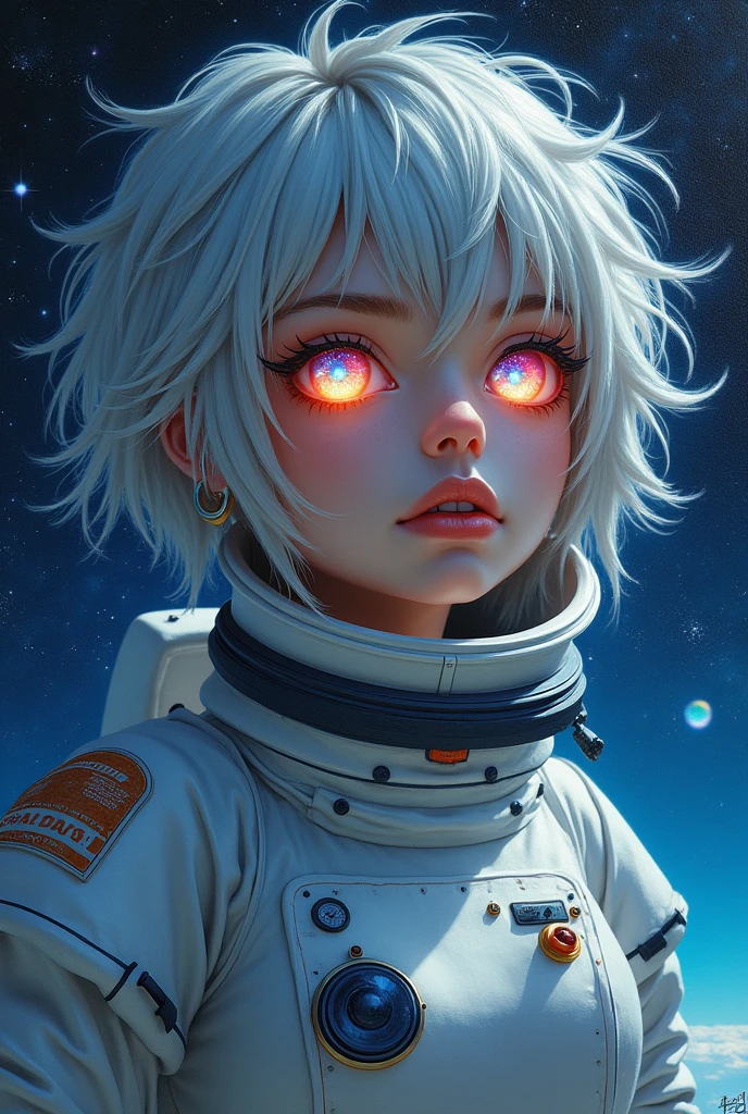 (Close-up of a better masterpiece:1.5)0.9], (Space and astronauts:1.2) (Messy silver hair:1.1) (Heterochromia xanthochromia and blue eyes:1.2) (Space Helmet:1.0) (Colored stars in the eyes:1.0) (A radiant glow:1.1) (thick lips:0.9) big boobs 