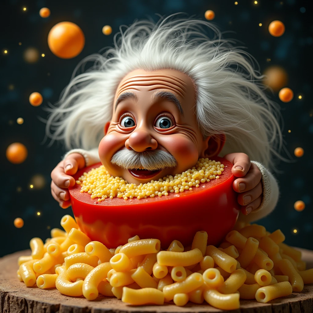Einstein, tomato, cheese, macaroni pasta, emerging from the infinity symbol, background galaxy