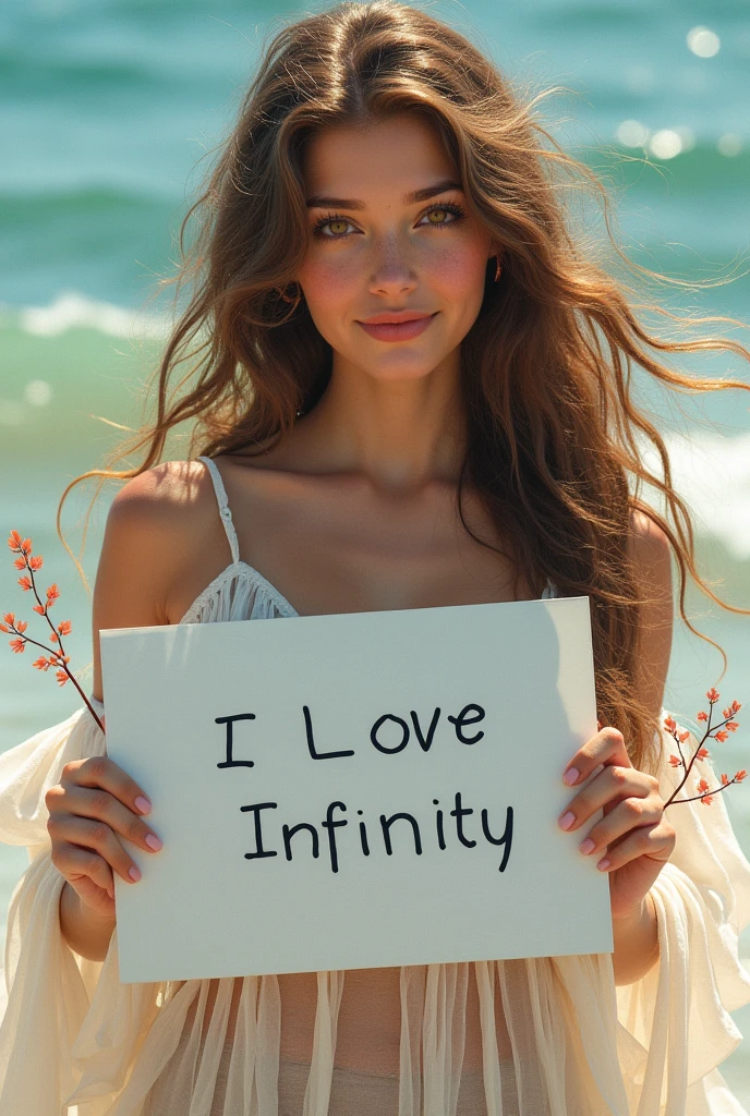 Beautiful girl with wavy long hair, bohemian dress, holding a white board with text "I Love Seaart Infinity" and showing it to the viewer