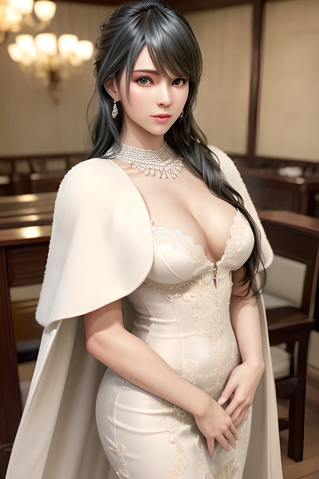 A lady with extraordinary temperament, she stands in a modern indoor space, as if she is a model from a fashion magazine. She is wearing a (pure white long fur cape), the softness and luster of which makes her look more noble under the light, and complements her (beige dress) underneath, showing her gentle temperament while maintaining a sense of fashion. The style of the dress is simple and generous, a perfect match, and it lengthens her figure, making her tall and charming. The lady's makeup is delicate and elegant, which just highlights her facial features and makes people unforgettable at first sight. Although the earrings and necklace she wears are not ostentatious, they add a bit of sophistication and nobility to her overall look. Her hair is casually draped over her shoulders, and every strand of hair exudes a natural luster,, (best quality,8k,highres,masterpiece:1.2),ultra-detailed,(realistic,photorealistic,photo-realistic:1.37),studio lighting,ultra-fine painting,sharp focus,physically-based rendering,extreme detail description,professional,vivid colors