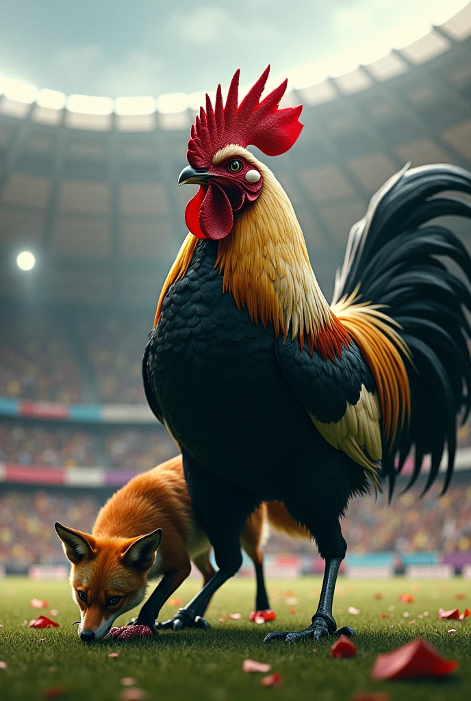 A very large and strong muscular black, white and gold feathered ROOSTER beating an injured and crying fox inside a football stadium with the Atlético Mineiro symbol in the background