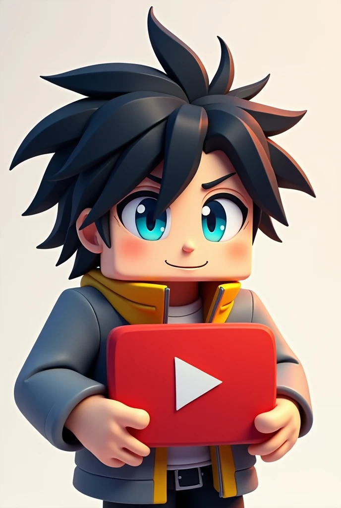 Create minecraft logo with black hair and gray and yello  jacket into youtube logo have a carwon blue eye 
