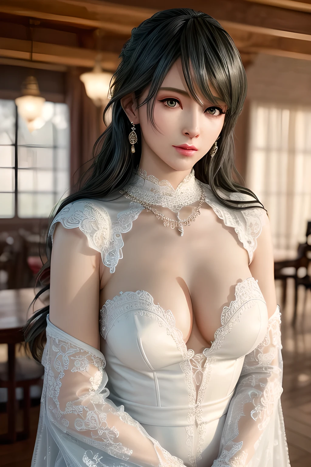 A lady with extraordinary temperament, she stands in a modern indoor space, as if she is a model from a fashion magazine. She is wearing a (pure white long fur cape), the softness and luster of which makes her look more noble under the light, and complements her (beige dress) underneath, showing her gentle temperament while maintaining a sense of fashion. The style of the dress is simple and generous, a perfect match, and it lengthens her figure, making her tall and charming. The lady's makeup is delicate and elegant, which just highlights her facial features and makes people unforgettable at first sight. Although the earrings and necklace she wears are not ostentatious, they add a bit of sophistication and nobility to her overall look. Her hair is casually draped over her shoulders, and every strand of hair exudes a natural luster,, (best quality,8k,highres,masterpiece:1.2),ultra-detailed,(realistic,photorealistic,photo-realistic:1.37),studio lighting,ultra-fine painting,sharp focus,physically-based rendering,extreme detail description,professional,vivid colors