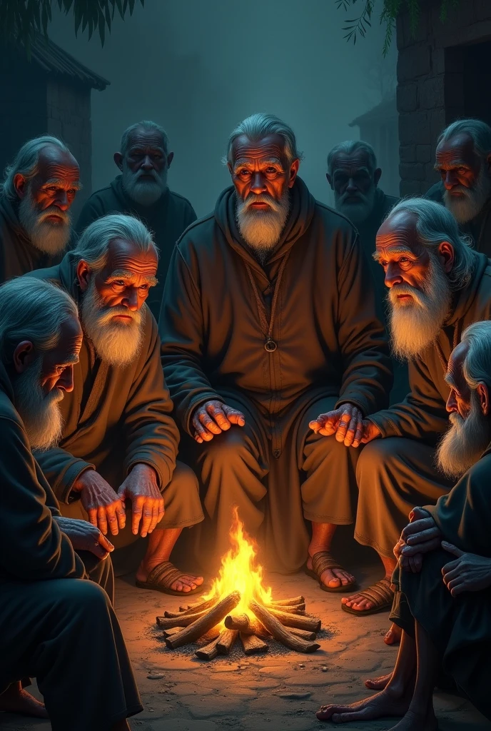 A gathering of elderly villagers, with wise, serious faces, recounting the legend of the cursed well. They are seated around a small fire, with the glow casting eerie shadows on their faces.